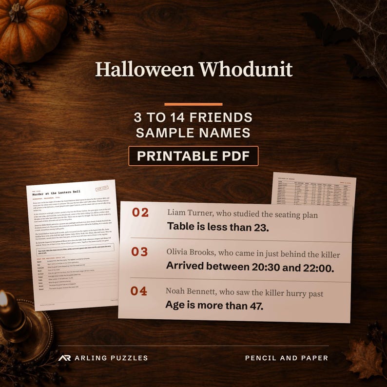 Personalized Halloween murder mystery puzzle, printable PDF. Real pages from the sample case on a desk: a close-up of the clue page where sample friends Liam Turner, Olivia Brooks and Noah Bennett are the witnesses, a story and a register page.