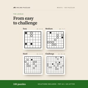 The levels shown as real grids. 100 printable Masyu puzzles, easy to challenge. PDF for A4 and US Letter, all solutions included.