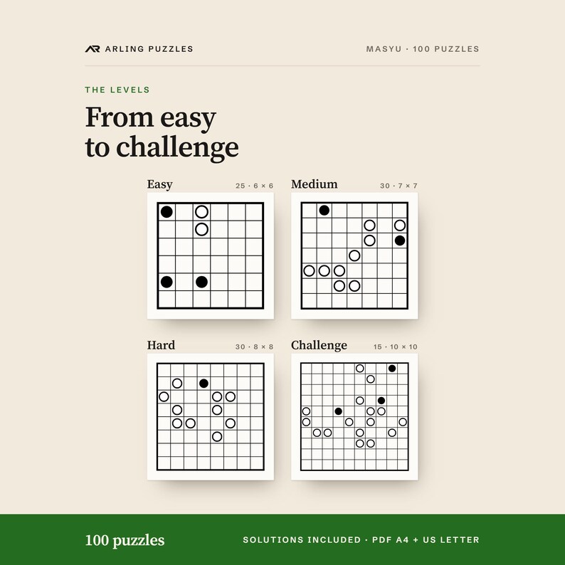 The levels shown as real grids. 100 printable Masyu puzzles, easy to challenge. PDF for A4 and US Letter, all solutions included.