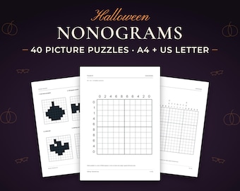 Halloween Nonogram Puzzle Book, 40 Friendly Picture Logic Puzzles, Printable PDF A4 and US Letter, Answers Included