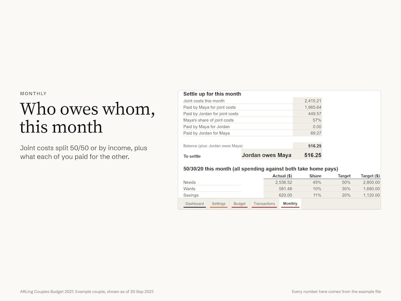 Couples Budget Spreadsheet for Excel 2027, Shared Expenses Tracker, Who Paid and Who Owes, Joint and Personal Budget, 50/30/20