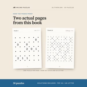 Two real pages from the book. 50 printable Slitherlink puzzles, easy to challenge. PDF for A4 and US Letter, all solutions included.