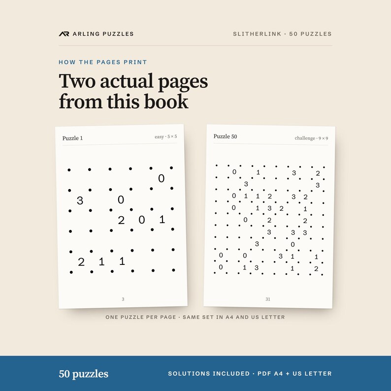 Two real pages from the book. 50 printable Slitherlink puzzles, easy to challenge. PDF for A4 and US Letter, all solutions included.