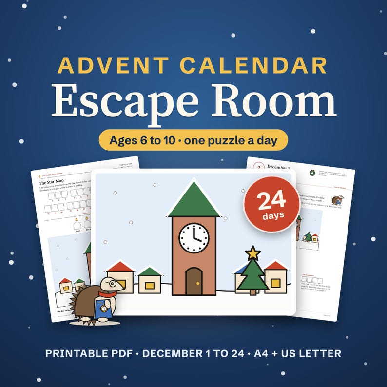 Advent escape room calendar for kids ages 6 to 10, The Clock Tower Star: snowy clock tower, Grandpa Tobias the hedgehog, the Star Map and a real puzzle page, 24 days, printable PDF