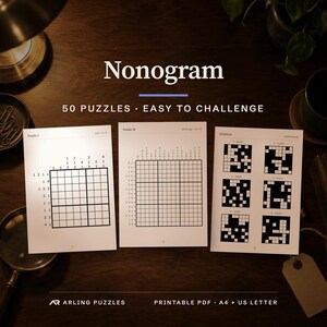 Cover with a real puzzle page. 50 printable Nonogram puzzles, easy to challenge. PDF for A4 and US Letter, all solutions included.