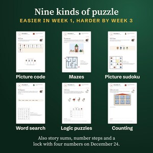 Six real note pages: picture code, maze, picture sudoku, word search, logic puzzle and counting candles. Easier in week 1, harder by week 3.