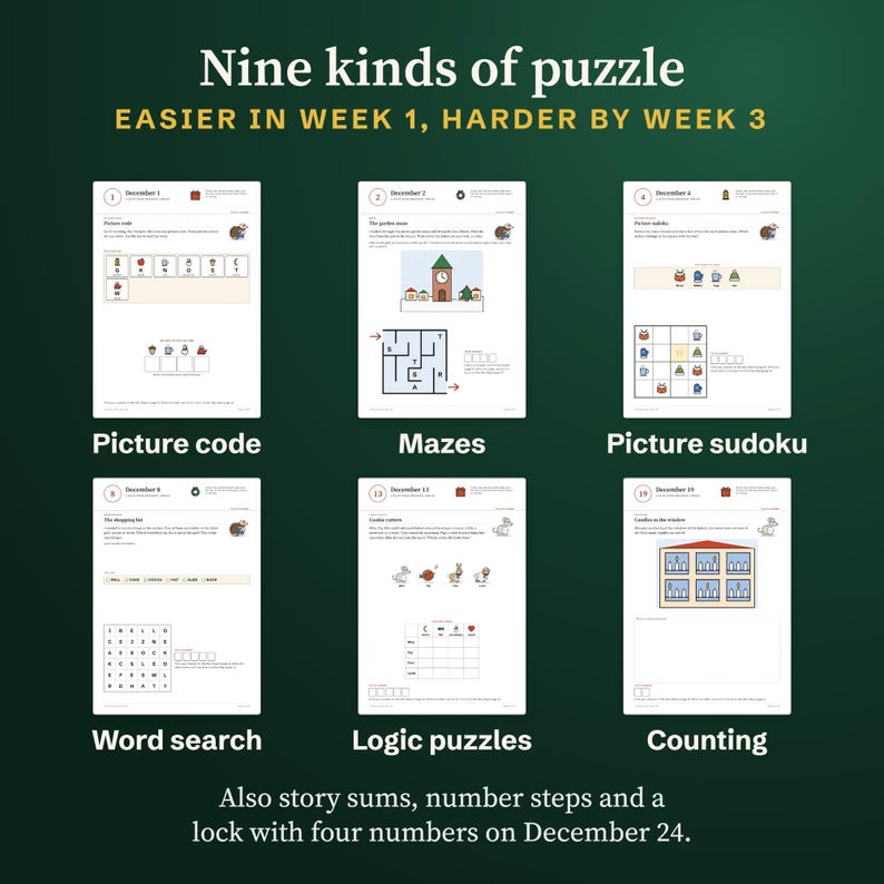 Six real note pages: picture code, maze, picture sudoku, word search, logic puzzle and counting candles. Easier in week 1, harder by week 3.