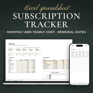 Subscription Tracker Excel Spreadsheet, Monthly Yearly Cost, Renewal Dates (Digital Download)