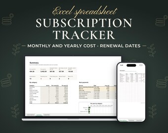 Subscription Tracker Excel Spreadsheet, Monthly Yearly Cost, Renewal Dates (Digital Download)