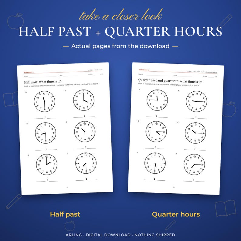 Half past + Quarter hours. Actual pages from the download. Half past. Quarter hours.