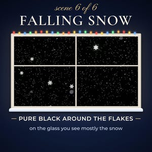 Scene 6, Falling Snow: snowflakes on a pure black background inside a window frame.