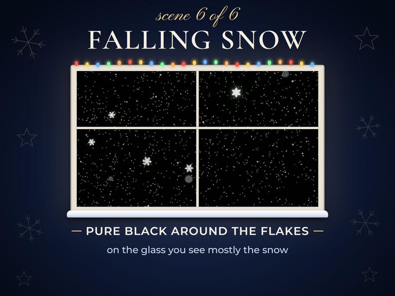 Scene 6, Falling Snow: snowflakes on a pure black background inside a window frame.