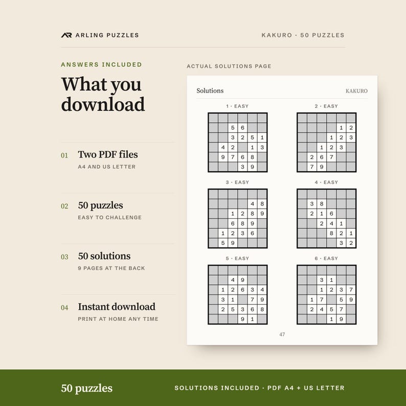 A real solutions page. 50 printable Kakuro puzzles, easy to challenge. PDF for A4 and US Letter, all solutions included.