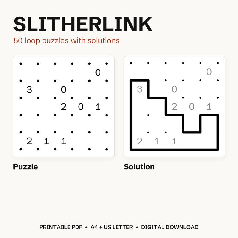 Libro de rompecabezas Slitherlink, 50 rompecabezas de lógica imprimibles (PDF A4 y tamaño carta estadounidense) imagen 2