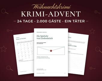Krimi Adventskalender zum Ausdrucken 2026, 24 Tage Weihnachtskrimi für Erwachsene, finde den Täter unter 2000 Gästen, PDF auf Deutsch