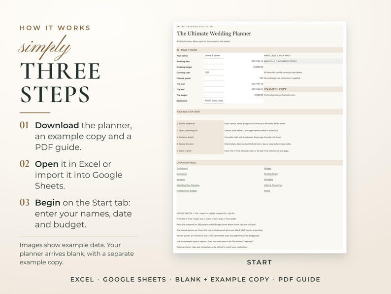 How the Ultimate Wedding Planner works: download it, open it in Excel or import it into Google Sheets, and begin on the Start tab. Images show example data.