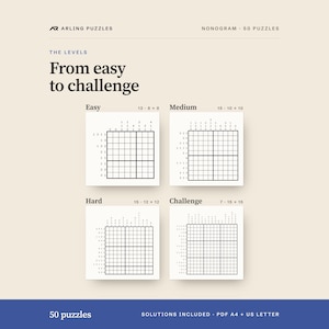 The levels shown as real grids. 50 printable Nonogram puzzles, easy to challenge. PDF for A4 and US Letter, all solutions included.