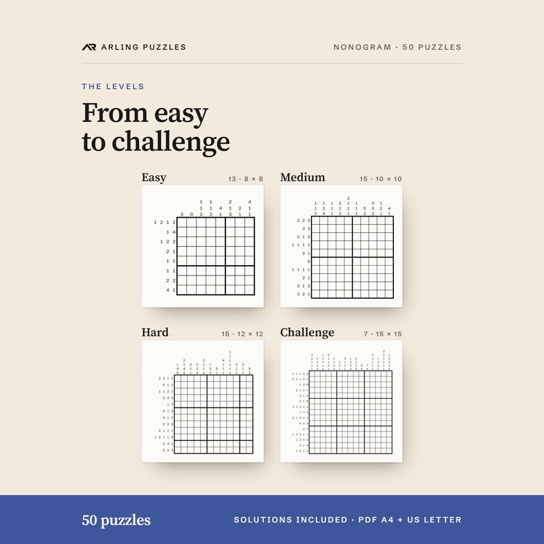 The levels shown as real grids. 50 printable Nonogram puzzles, easy to challenge. PDF for A4 and US Letter, all solutions included.