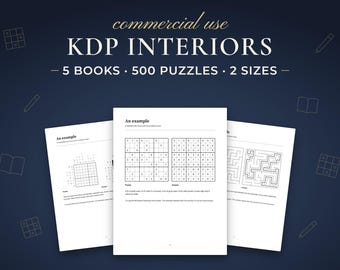 KDP Puzzle Book Interior Bundle, Commercial Use, 5 Books of 100 Puzzles, Sudoku Nonograms Bridges Slitherlink Mazes, 2 Sizes