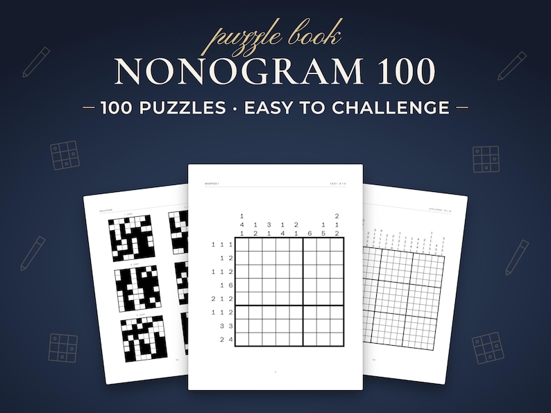 Nonogram 100, 100 puzzles · easy to challenge. Real pages from the PDF you download.