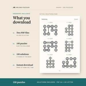 A real solutions page. 100 printable Hashi puzzles, easy to challenge. PDF for A4 and US Letter, all solutions included.