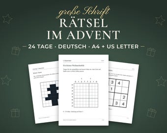 Adventskalender Rätsel für Senioren, 24 leichte Logikrätsel in großer Schrift, Deutsch, PDF A4 und US Letter mit Lösungen