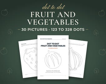 Può includere: Un libro di attività unisci i puntini intitolato Fruit and Vegetables con 30 immagini da 123 a 328 punti. La copertina mostra un disegno al tratto di un melone, mentre le pagine interne mostrano il contorno di una fragola e di una cipolla.