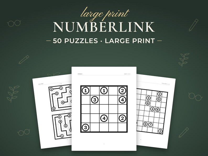 Numberlink, 50 puzzles · large print. Real pages from the PDF you download.