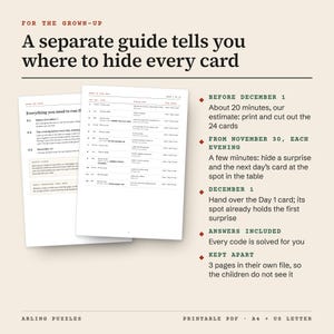 The separate Grown-ups Guide, real pages from the sample: which spot and which card to hide each evening from November 30, and the answers to the codes. About 20 minutes to print and cut (our estimate)