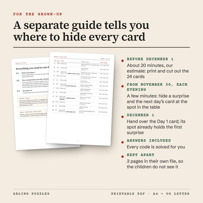 The separate Grown-ups Guide, real pages from the sample: which spot and which card to hide each evening from November 30, and the answers to the codes. About 20 minutes to print and cut (our estimate)