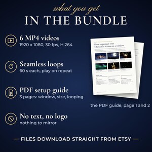 What you get: 6 MP4 videos in 1920 x 1080, seamless 60 second loops, a 3 page PDF setup guide, no text and no logo.