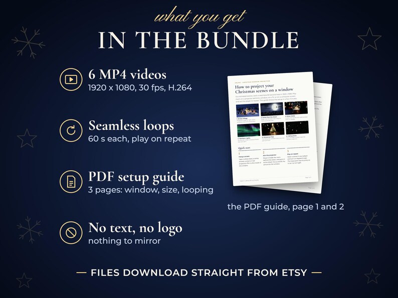 What you get: 6 MP4 videos in 1920 x 1080, seamless 60 second loops, a 3 page PDF setup guide, no text and no logo.