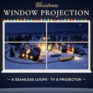 Christmas window projection video: a snowy miniature village with a toy train, shown inside a lit window frame with string lights.