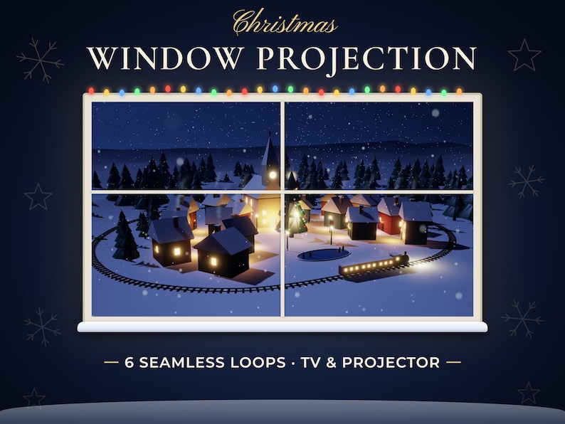 Christmas window projection video: a snowy miniature village with a toy train, shown inside a lit window frame with string lights.