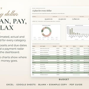 Ultimate Wedding Planner, the Budget tab with example data. Estimated, actual and paid for every category. Deposits and due dates feed a payment radar on the dashboard. Two charts show where the money goes.