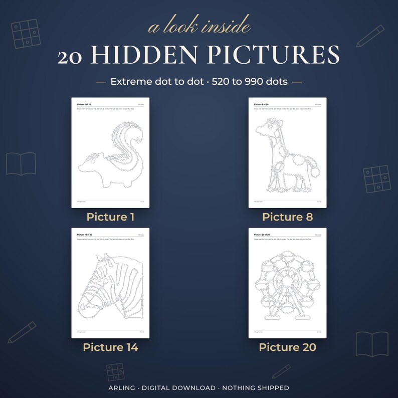 20 hidden pictures. Extreme dot to dot · 520 to 990 dots. Picture 1. Picture 8. Picture 14. Picture 20.