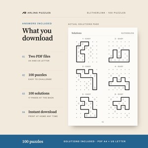 A real solutions page. 100 printable Slitherlink puzzles, easy to challenge. PDF for A4 and US Letter, all solutions included.