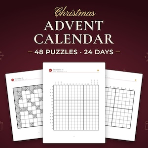 Advent Calendar, 48 puzzles · 24 days. Real pages from the PDF you download.