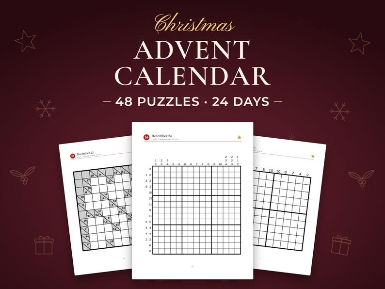 Advent Calendar, 48 puzzles · 24 days. Real pages from the PDF you download.