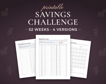52 Week Savings Challenge Printable, 4 Versions, Running Totals (PDF)