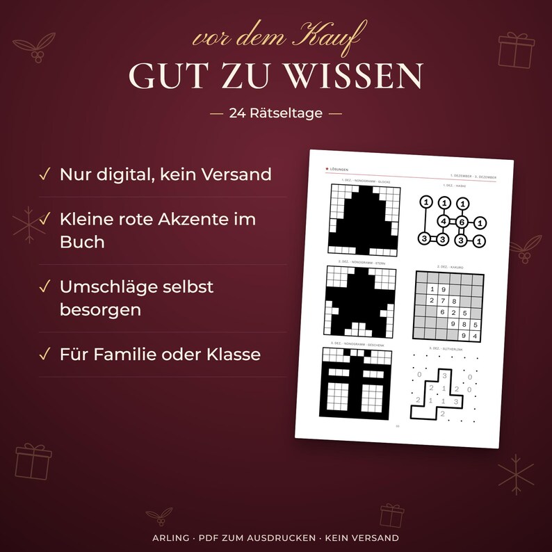 Gut zu wissen. 24 Rätseltage. Nur digital, kein Versand. Kleine rote Akzente im Buch. Umschläge selbst besorgen. Für Familie oder Klasse.