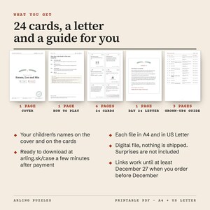 What you get, shown as real pages from the sample: cover with the children’s names, how to play, 24 clue cards to cut out, the Day 24 letter and a separate Grown-ups Guide. A4 and US Letter PDF, ready a few minutes after payment