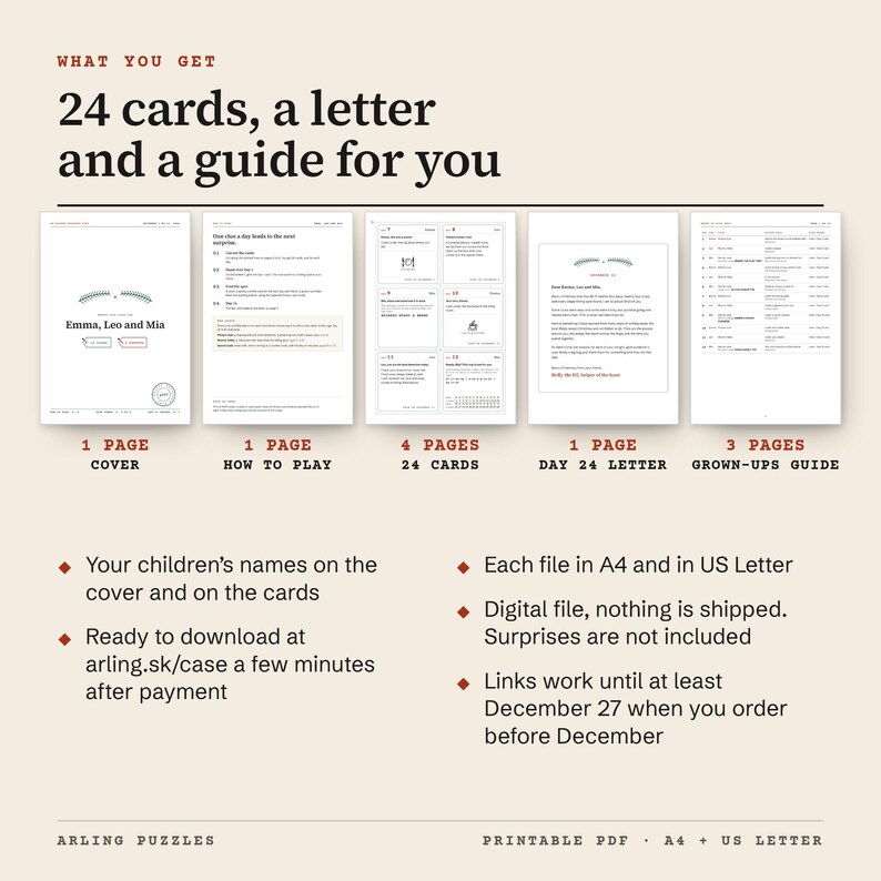 What you get, shown as real pages from the sample: cover with the children’s names, how to play, 24 clue cards to cut out, the Day 24 letter and a separate Grown-ups Guide. A4 and US Letter PDF, ready a few minutes after payment