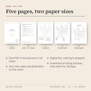 What you get: five pages in both A4 and US Letter PDF, shown as real pages from the sample: cover, how to play, puzzle, solution and a keepsake page to frame