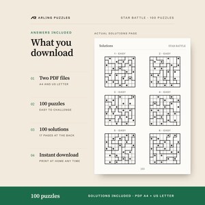 A real solutions page. 100 printable Star Battle puzzles, easy to challenge. PDF for A4 and US Letter, all solutions included.