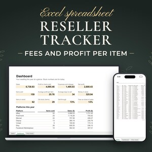 Reseller Tracker, Fees and profit per item. Excel spreadsheet shown on a laptop and a phone with example data.