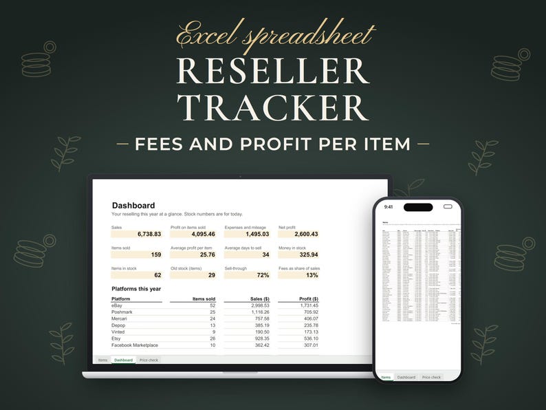 Reseller Tracker, Fees and profit per item. Excel spreadsheet shown on a laptop and a phone with example data.