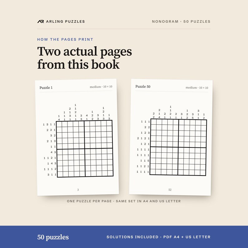 Two real pages from the book. 50 printable Nonogram puzzles, all medium. PDF for A4 and US Letter, all solutions included.
