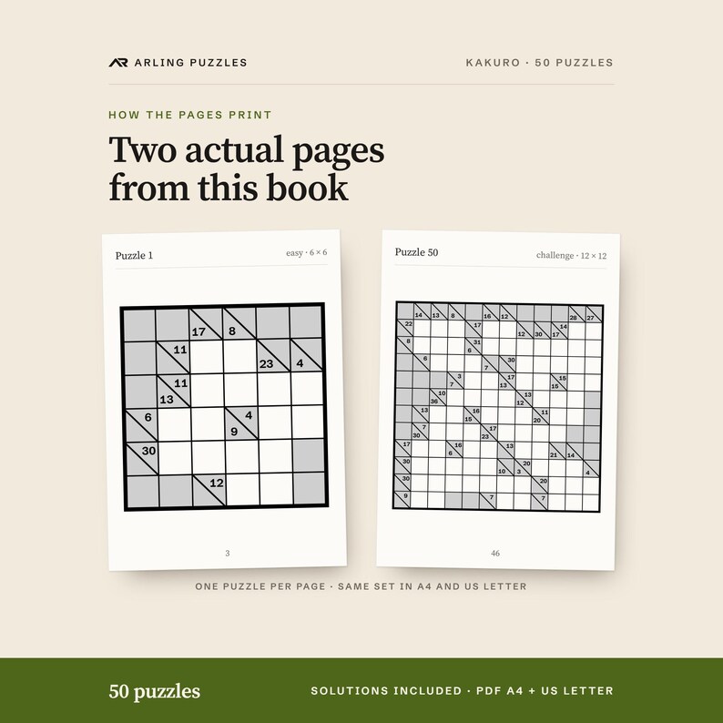 Two real pages from the book. 50 printable Kakuro puzzles, easy to challenge. PDF for A4 and US Letter, all solutions included.