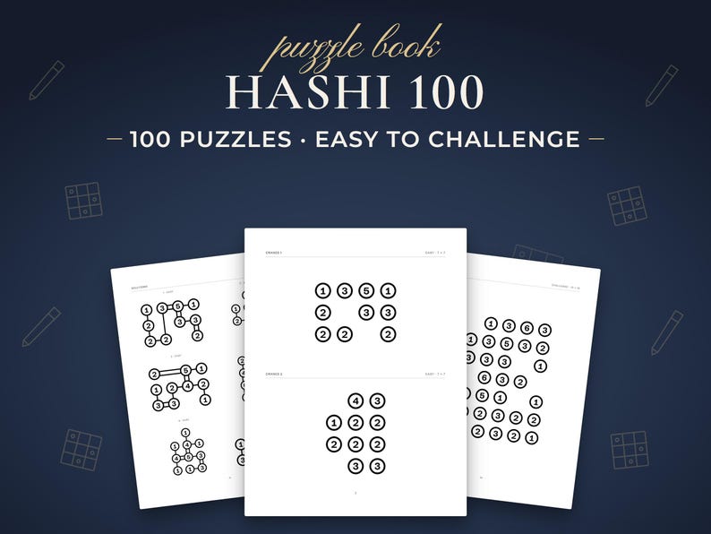 Hashi 100, 100 puzzles · easy to challenge. Real pages from the PDF you download.